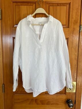 J.‎ Crew 2XL Popover Tunic Top Linen Cotton Blend Size XXL White Collared VNeck